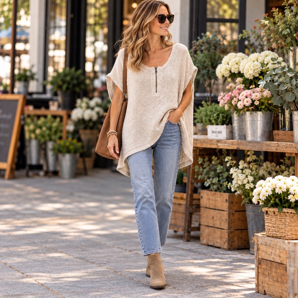 Brochu Walker Linen Cotton Oversized Zip Front Poncho Sweater Ivory PS S313319
